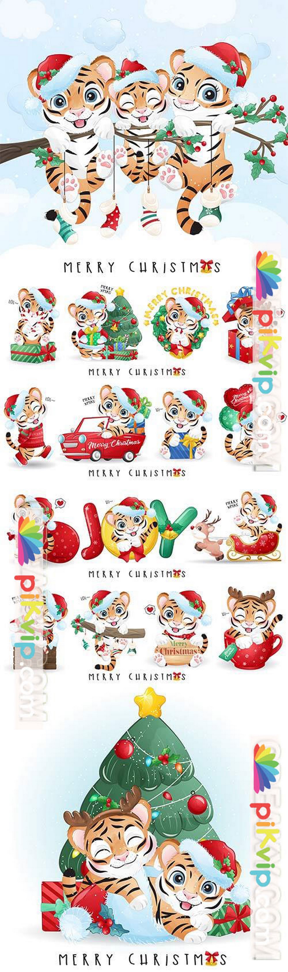 Cute doodle tiger for merry christmas illustration set premium vector